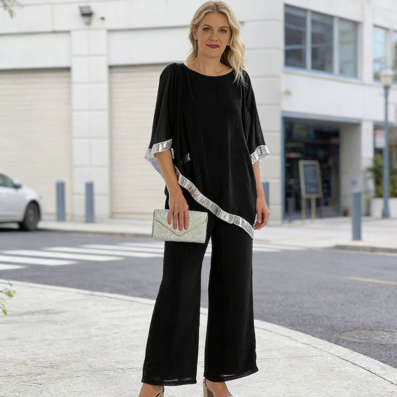 Elegant Sequin Trim Poncho Top &amp; Wide-Leg Pants Set