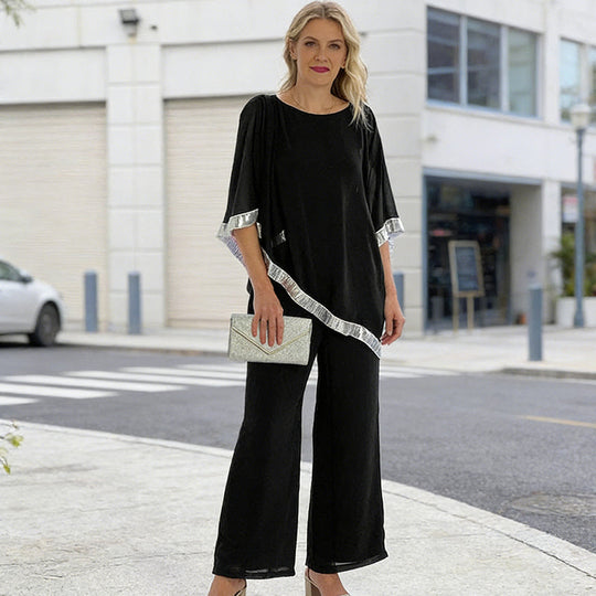 Elegant Sequin Trim Poncho Top &amp; Wide-Leg Pants Set
