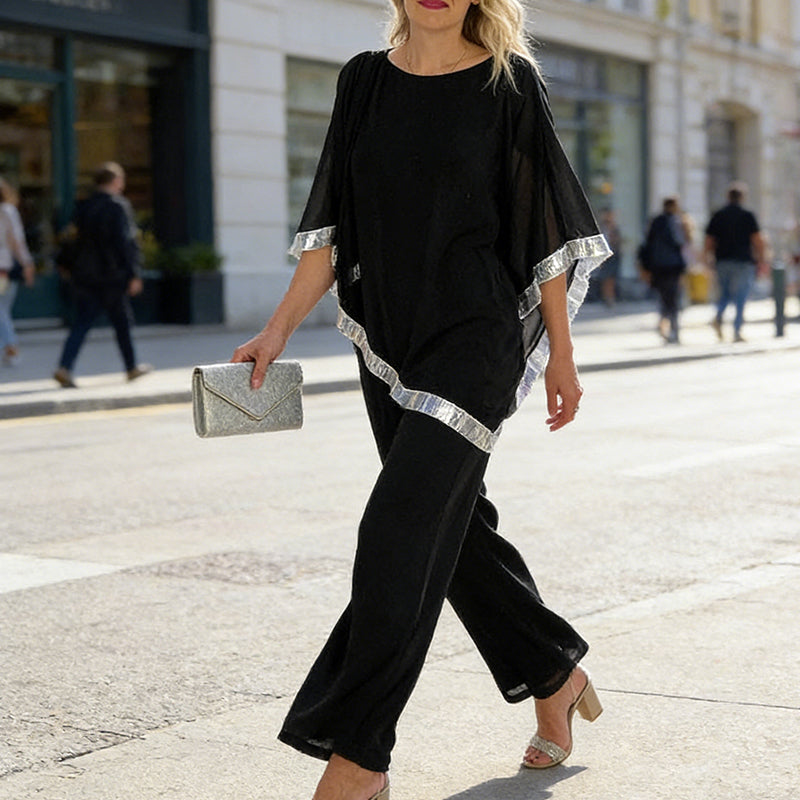Elegant Sequin Trim Poncho Top &amp; Wide-Leg Pants Set