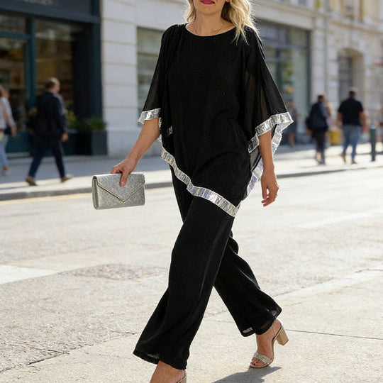 Elegant Sequin Trim Poncho Top &amp; Wide-Leg Pants Set