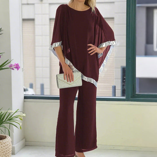 Elegant Sequin Trim Poncho Top &amp; Wide-Leg Pants Set