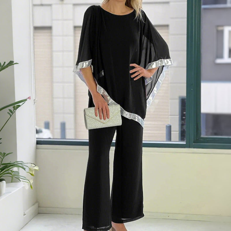 Elegant Sequin Trim Poncho Top &amp; Wide-Leg Pants Set