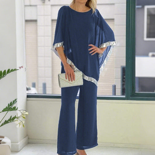 Elegant Sequin Trim Poncho Top &amp; Wide-Leg Pants Set