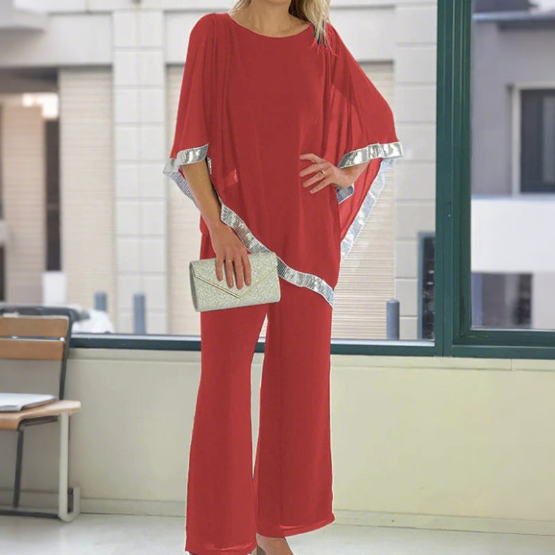 Elegant Sequin Trim Poncho Top &amp; Wide-Leg Pants Set