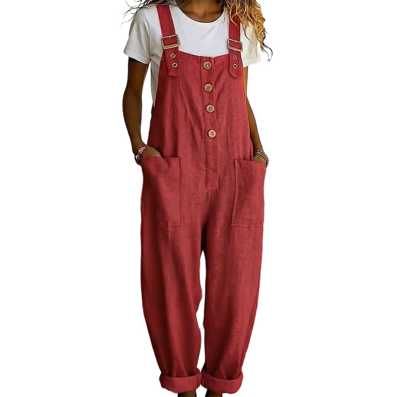 👖JETZT 49 % RABATT! 🌿 Lässige Damen-Latzhose mit Knopfleiste – Verstellbare Träger, atmungsaktives Material & bequeme Passform ✨