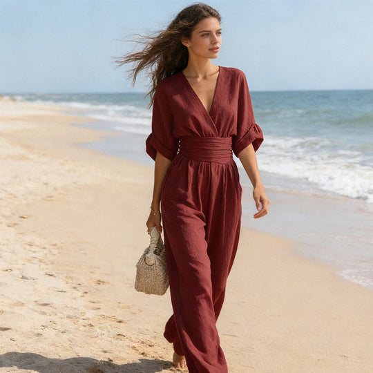 ✨Elegant V-Neck Wide-Leg Jumpsuit – Flowy, Flattering &amp; Effortless Style