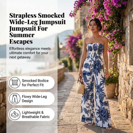 Strapless Smocked Wide-Leg Jumpsuit