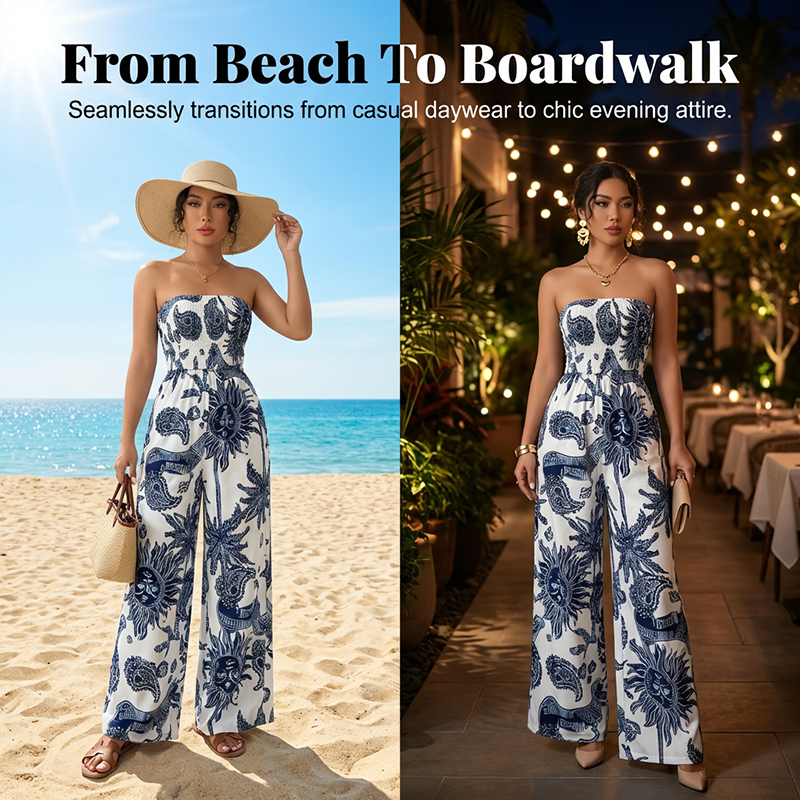 Strapless Smocked Wide-Leg Jumpsuit