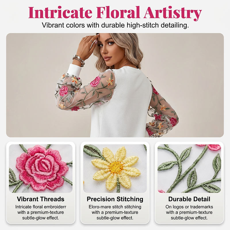 ✨Luxury Floral Embroidered Mesh Sleeve Dress – Refined Detail &amp; Elegant Flow