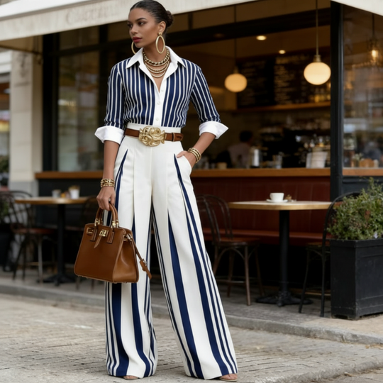 Striped Shirt &amp; Wide-Leg Pants – Understated Elegance, Perfectly Balanced