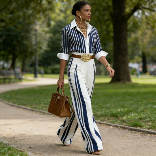 Striped Shirt &amp; Wide-Leg Pants – Understated Elegance, Perfectly Balanced