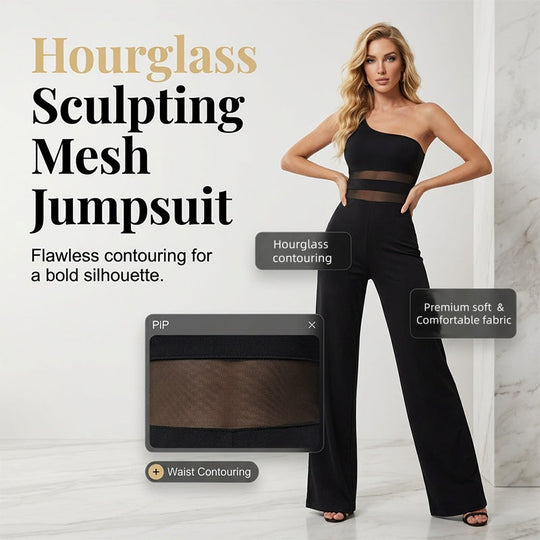 💐55% OFF ! One-Shoulder Mesh Panel Jumpsuit – Sculpted Silhouette &amp; Elegance ✨🦢【Limited Offer】