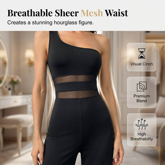 💐55% OFF ! One-Shoulder Mesh Panel Jumpsuit – Sculpted Silhouette &amp; Elegance ✨🦢【Limited Offer】