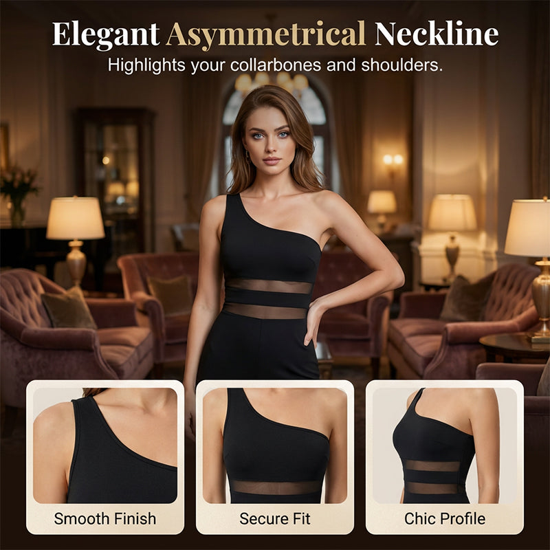 💐55% OFF ! One-Shoulder Mesh Panel Jumpsuit – Sculpted Silhouette & Elegance ✨🦢【Limited Offer】