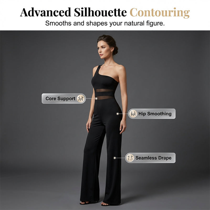 💐55% OFF ! One-Shoulder Mesh Panel Jumpsuit – Sculpted Silhouette &amp; Elegance ✨🦢【Limited Offer】