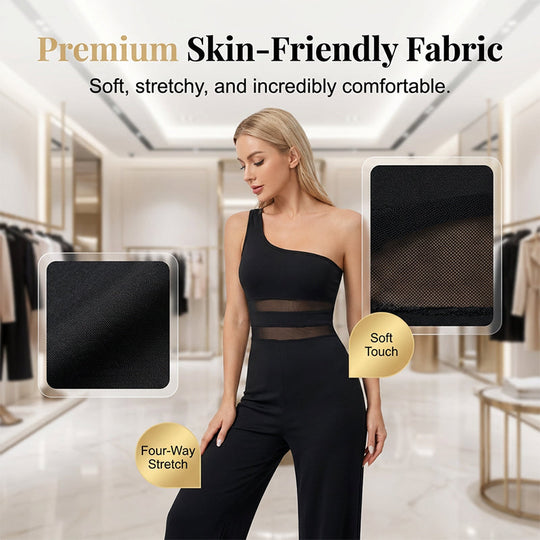 💐55% OFF ! One-Shoulder Mesh Panel Jumpsuit – Sculpted Silhouette &amp; Elegance ✨🦢【Limited Offer】