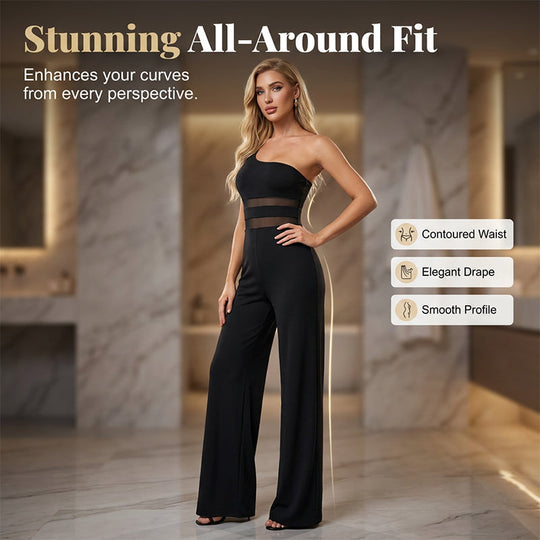 💐55% OFF ! One-Shoulder Mesh Panel Jumpsuit – Sculpted Silhouette &amp; Elegance ✨🦢【Limited Offer】