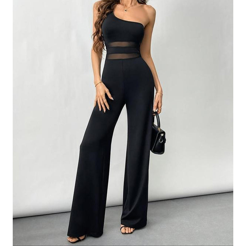 💐55% OFF ! One-Shoulder Mesh Panel Jumpsuit – Sculpted Silhouette &amp; Elegance ✨🦢【Limited Offer】