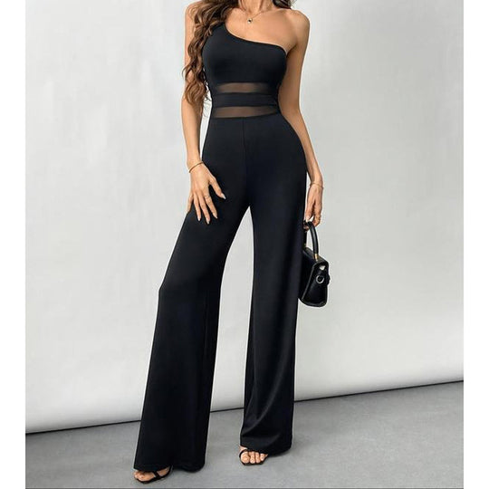💐55% OFF ! One-Shoulder Mesh Panel Jumpsuit – Sculpted Silhouette &amp; Elegance ✨🦢【Limited Offer】
