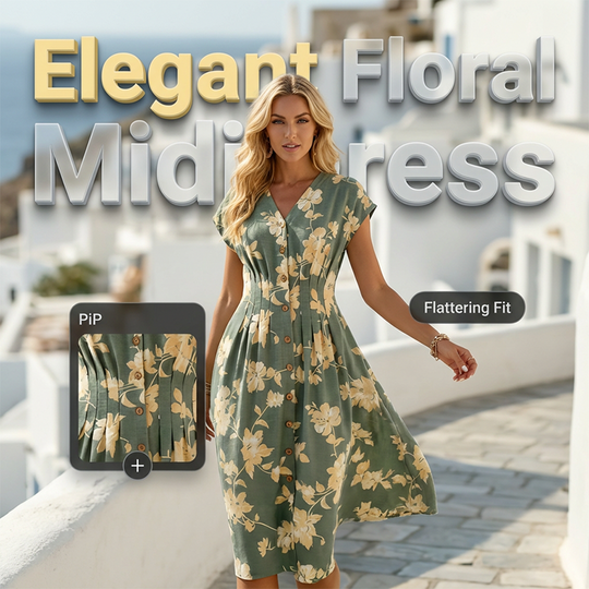 ✨ Spring/Summer Must-Have! V-Neck Floral Button-Down Midi Dress - Elegant &amp; Chic! ✨