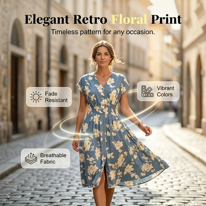 ✨ Spring/Summer Must-Have! V-Neck Floral Button-Down Midi Dress - Elegant &amp; Chic! ✨