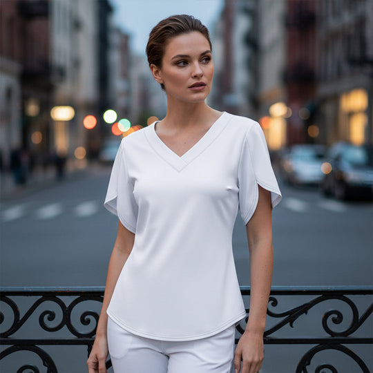 Loose Fit Solid Color V Neck Flutter Sleeve Blouse