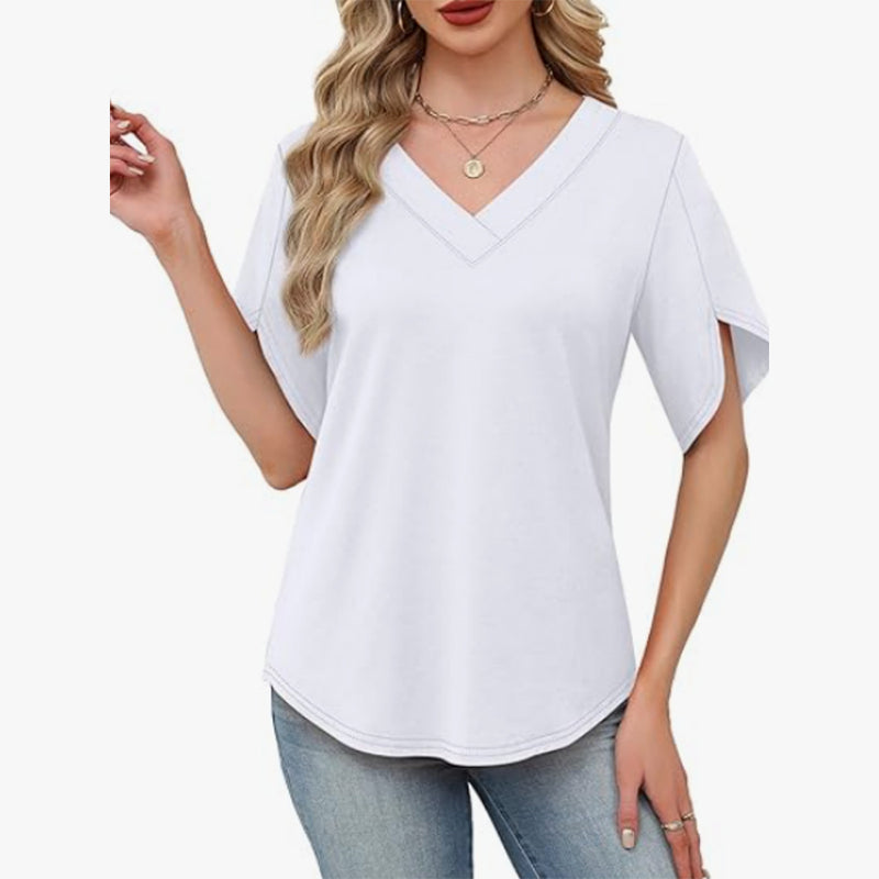 Loose Fit Solid Color V Neck Flutter Sleeve Blouse