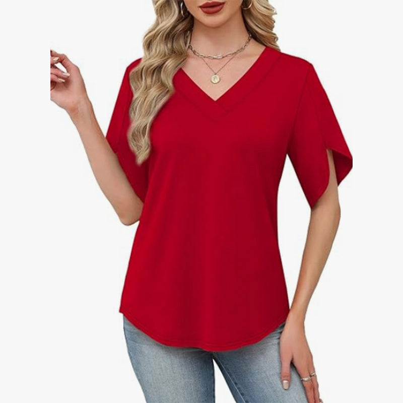 Loose Fit Solid Color V Neck Flutter Sleeve Blouse