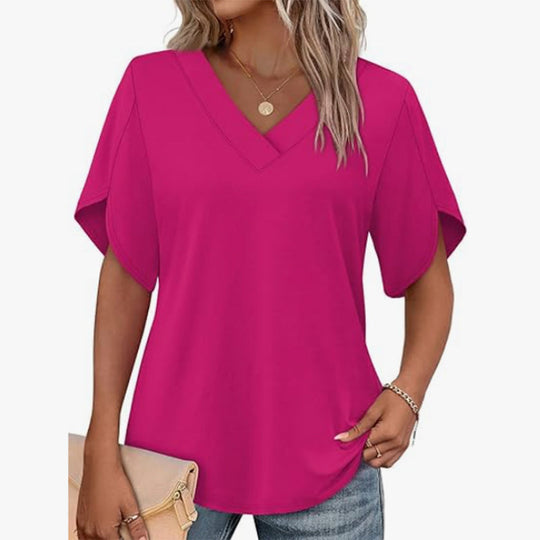 Loose Fit Solid Color V Neck Flutter Sleeve Blouse