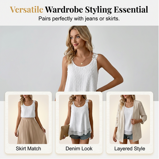 👚 LIMITED-TIME 50% OFF! ✨ Dot Lace Strap Tank Top – Swiss Dot Chiffon, Flowy Fit, Sheer Elegance 🌸