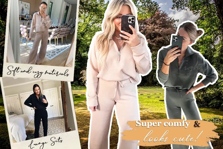 💝🔥Zeitlich begrenzter Sale – 50 % Rabatt🔥Damen-Loungeset aus 2 Teilen mit Oversize-Schnitt, halbem Reißverschluss und weitem Bein